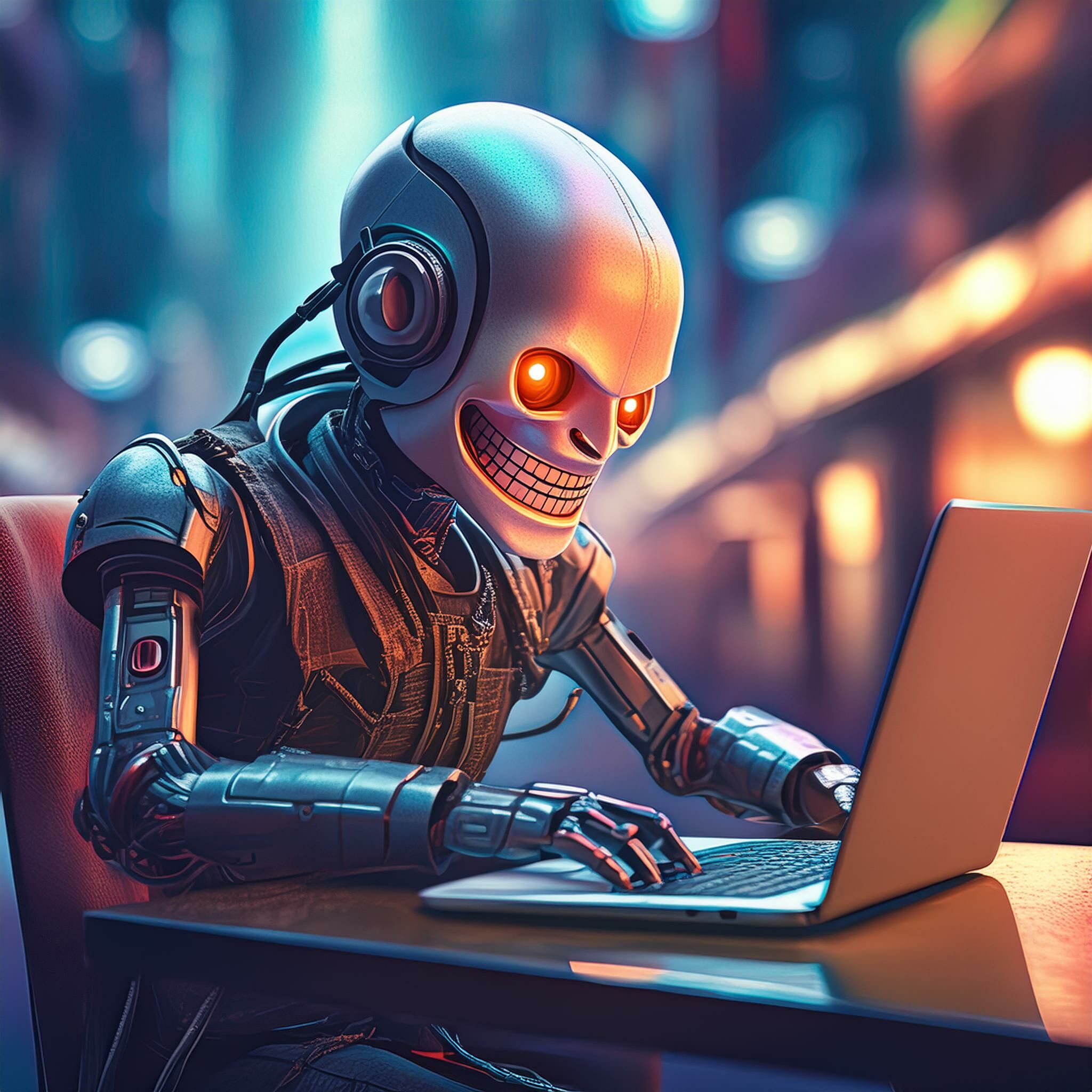 Ein unheimlicher, grinsender Roboter sitzt hinter einem Laptop und tippt. Die Augen des Roboters leuchten bedrohlich, und die Szene spielt in einem schwach beleuchteten Raum mit einer leicht unheimlichen Atmosphäre.